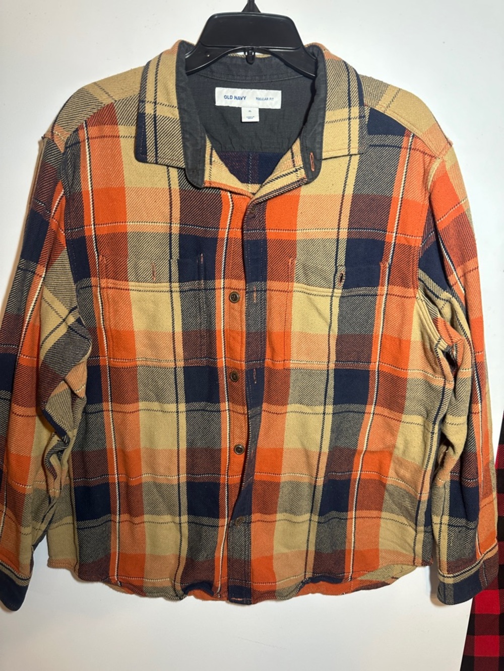Old Navy Men's Orange and Navy Plaid Button-Down Shirt
